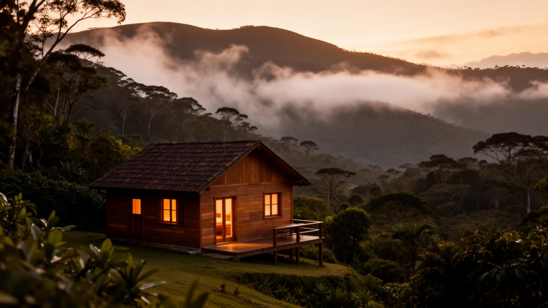 Cabana de madeira ao entardecer entre as montanhas de Nova Friburgo